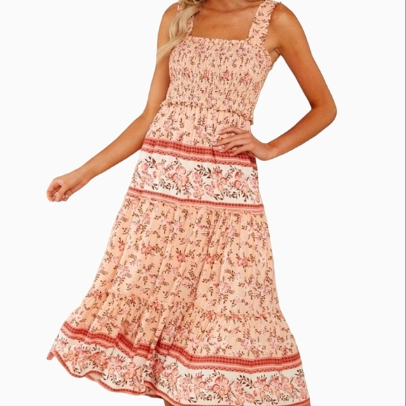 Aura Dresses & Skirts - Aura Smocked Tiered Peach Floral Print Sleeveless Boho Midi Summer Dress. Size L